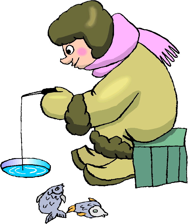A child in winter clothes ice fishing, with two caught fish beside a hole in the ice.