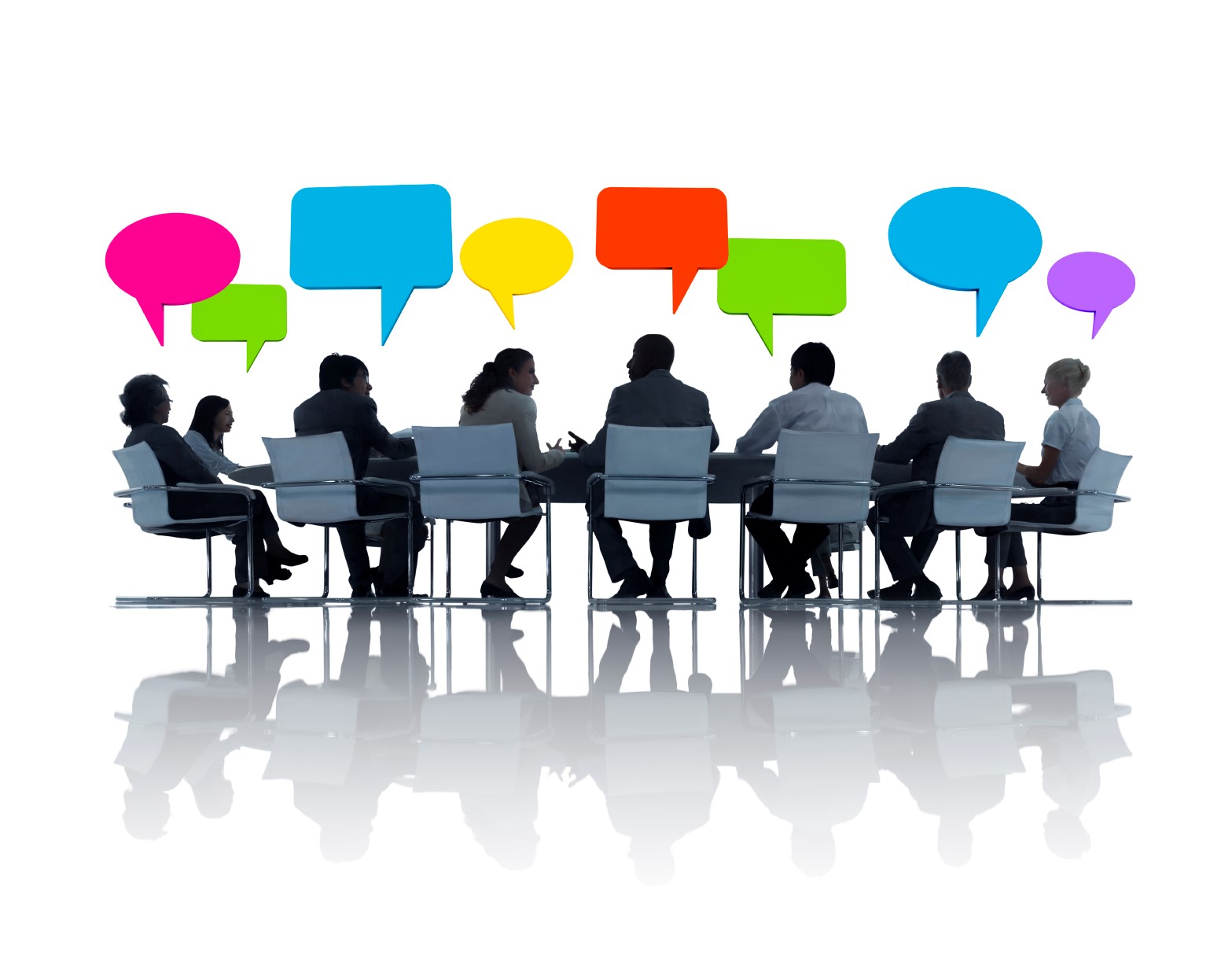 Silhouetted professionals in a meeting with colorful speech bubbles above, symbolizing diverse communication and collaboration.