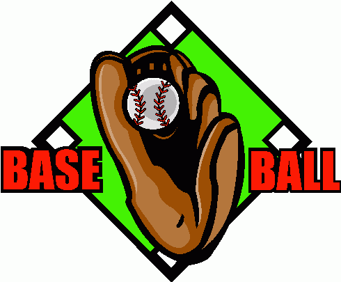 Brown baseball glove catching a white baseball inside a green diamond with "BASE BALL" text.