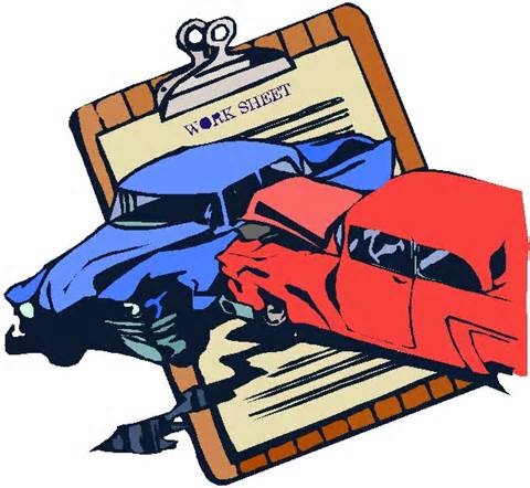 Two crashed cars-blue and red-rest on a clipboard labeled "WORK SHEET", symbolizing accident documentation.