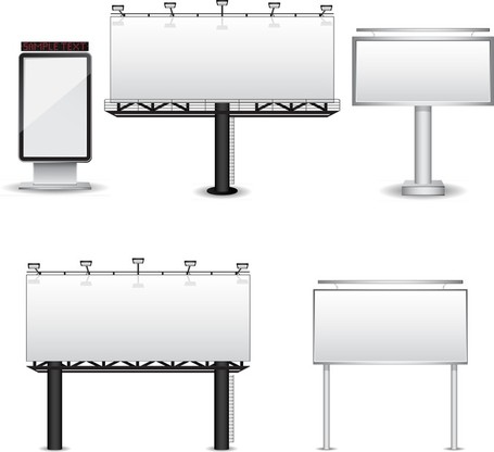 Five blank outdoor advertising billboards and digital signage mockups in various sizes and mounting styles.