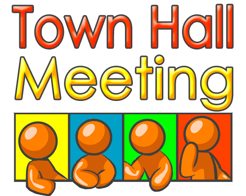 Four orange stick-figure people seated at a table under "Town Hall Meeting" text, each in a colored panel.