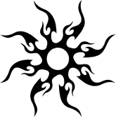 Black tribal sun symbol with flame-like rays radiating from a central circle, stylized in bold vector art.