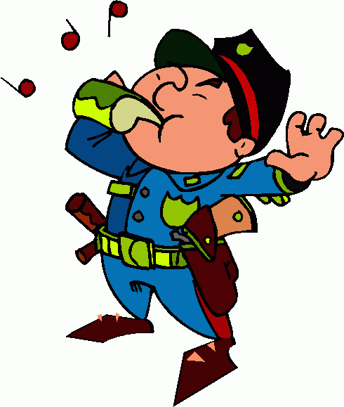 Cartoon police officer blowing a whistle with musical notes, wearing blue uniform and hat.