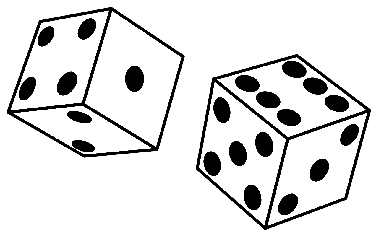 Two white dice mid-roll against a black background, showing multiple faces with black pips.