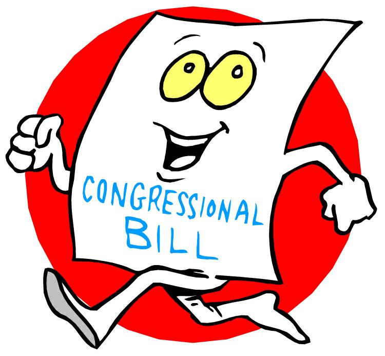 Cheerful cartoon paper labeled "CONGRESSIONAL BILL" running with thumbs-up against red circle background.