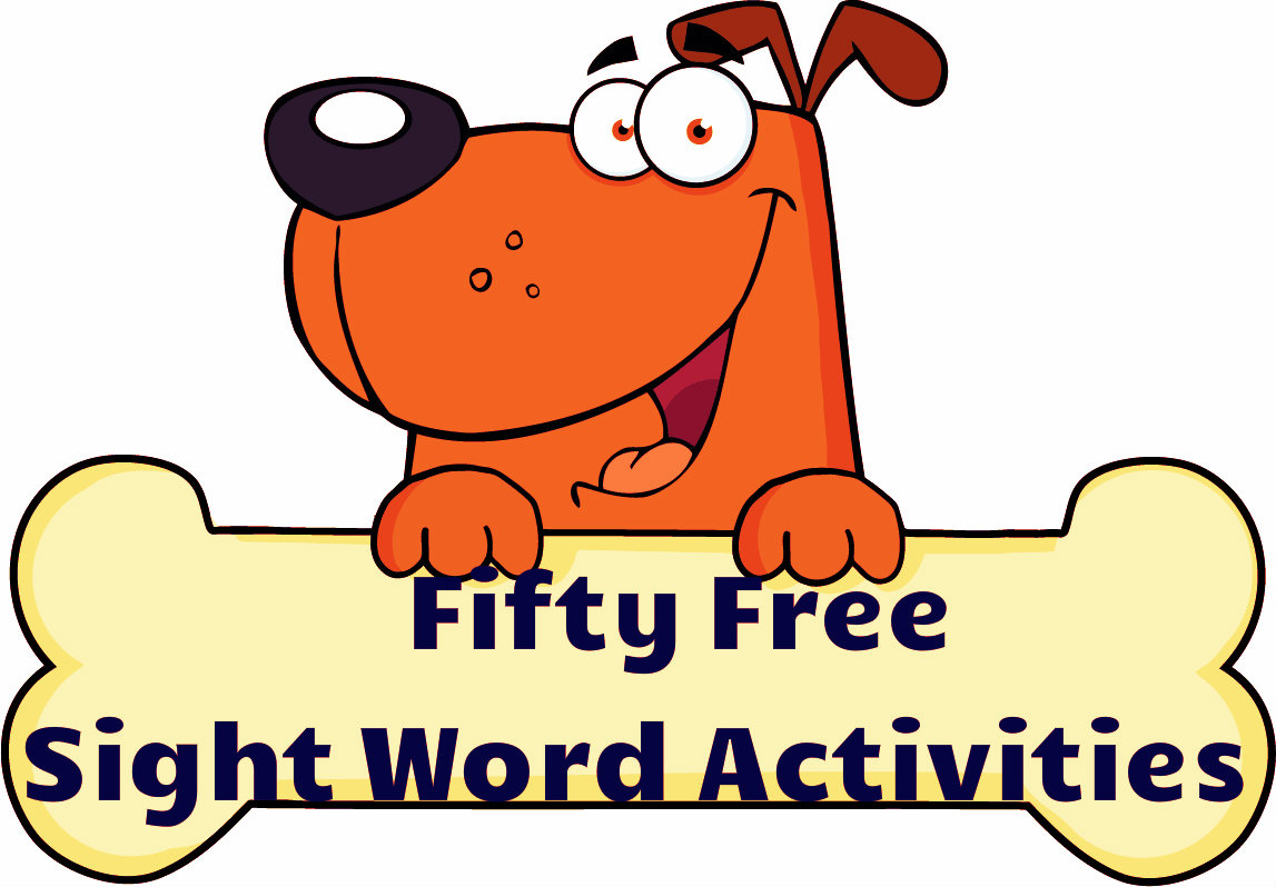 Cheerful orange cartoon dog holding a bone-shaped sign that reads "Fifty Free Sight Word Activities"
