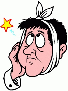 Cartoon man with bandaged head, holding ear, and starburst indicating pain or dizziness.