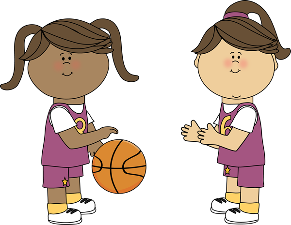 Two diverse young girls in purple basketball uniforms, one dribbling a ball, the other clapping in encouragement.