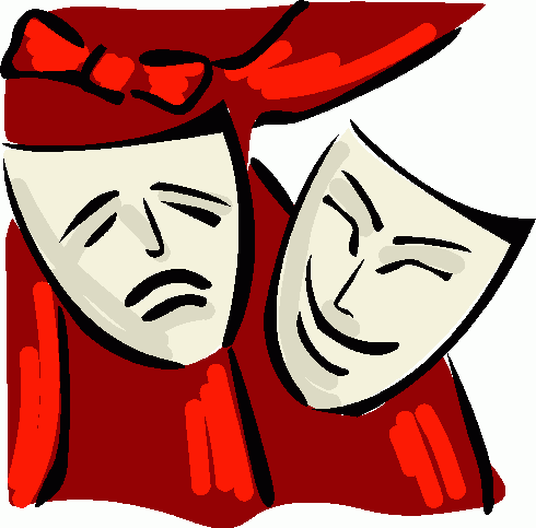Classic theater masks representing tragedy and comedy, red fabric backdrop with bow detail.