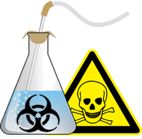 Erlenmeyer flask with blue liquid and biohazard symbol next to a yellow skull-and-crossbones warning sign.