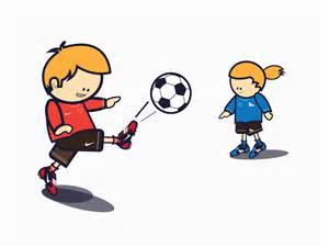 Two cartoon children playing soccer-one kicking the ball, the other watching-on a plain white background.