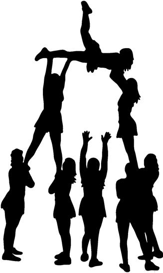 Silhouette of a cheerleading pyramid with eight performers forming a dynamic human structure.