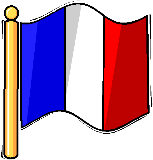 Waving French flag with blue, white, and red vertical stripes on a golden pole.