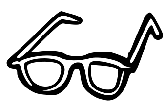 Simple black-and-white line drawing of classic eyeglasses with thick frames and curved temple arms.