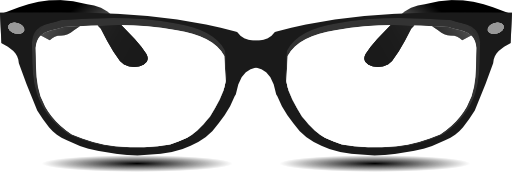 Black-framed eyeglasses with clear lenses and subtle reflections, isolated on white background.