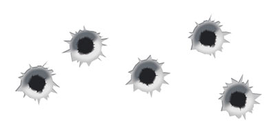 Five realistic bullet holes with torn edges on a white background, arranged in a scattered pattern.