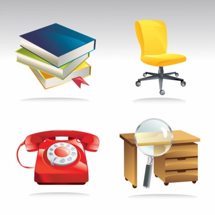 Four office-related icons: stacked books, yellow office chair, red rotary phone, and wooden desk with magnifying glass.