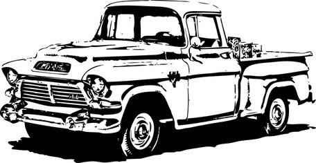 Black-and-white line drawing of a classic 1950s GMC pickup truck with chrome grille and rounded fenders.