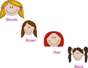 Four cartoon girls with different hair colors-blonde, brown, red, and black-each labeled with their respective color name.