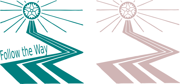 Two stylized path illustrations with sun-like symbols and "Follow the Way" text, one in teal and one in maroon.