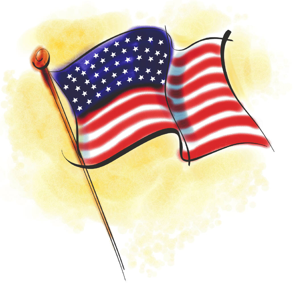 Hand-drawn American flag waving on a pole against a warm yellow watercolor background.
