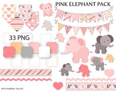 Pink elephant clipart pack with 33 PNGs, including elephants, hearts, banners, and patterned frames for scrapbooking and crafts.
