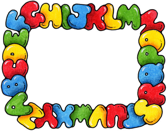 Colorful cartoon alphabet letters forming a playful border frame around white space.