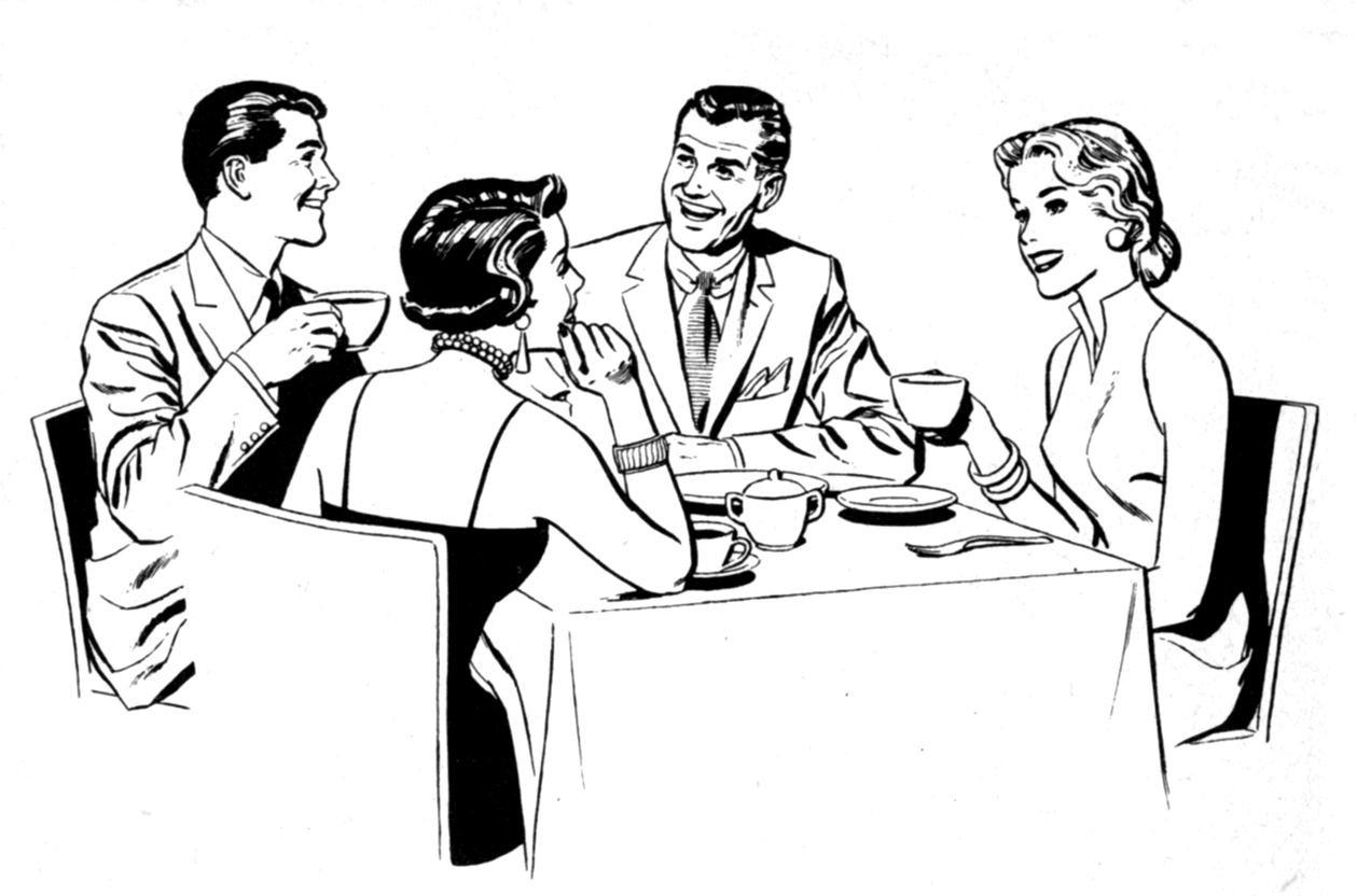 Vintage Illustration of 1950s Social Gathering Over Coffee