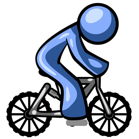 Blue stick figure riding a bicycle in forward-leaning posture, stylized vector illustration.