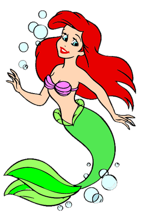 Ariel the Little Mermaid swimming underwater with red hair, purple seashell top, green tail, and bubbles.