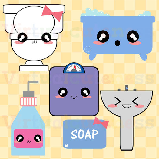 Cute kawaii-style bathroom fixtures including toilet, bathtub, scale, soap dispenser, sink, and soap bar with expressive faces.