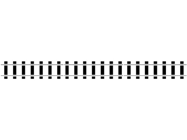 Black-and-white stylized railway track with parallel rails and evenly spaced sleepers on a white background.