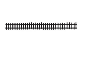 Black silhouette of a straight railway track with sleepers on a white background.