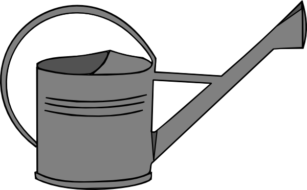 Gray metal watering can with long spout and handle, illustrated in simple line art style.
