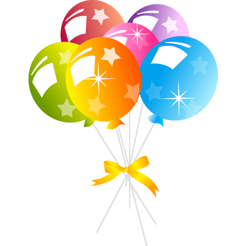 Colorful festive balloons with stars and ribbons tied together in a celebratory bouquet.