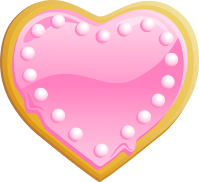 Pink heart-shaped cookie with glossy icing and white pearl decorations on a golden-brown base.