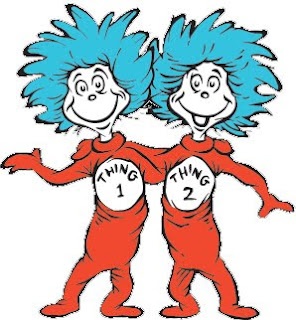 Thing 1 and Thing 2, two mischievous blue-haired characters in red suits from Dr. Seuss’s *The Cat in the Hat*.