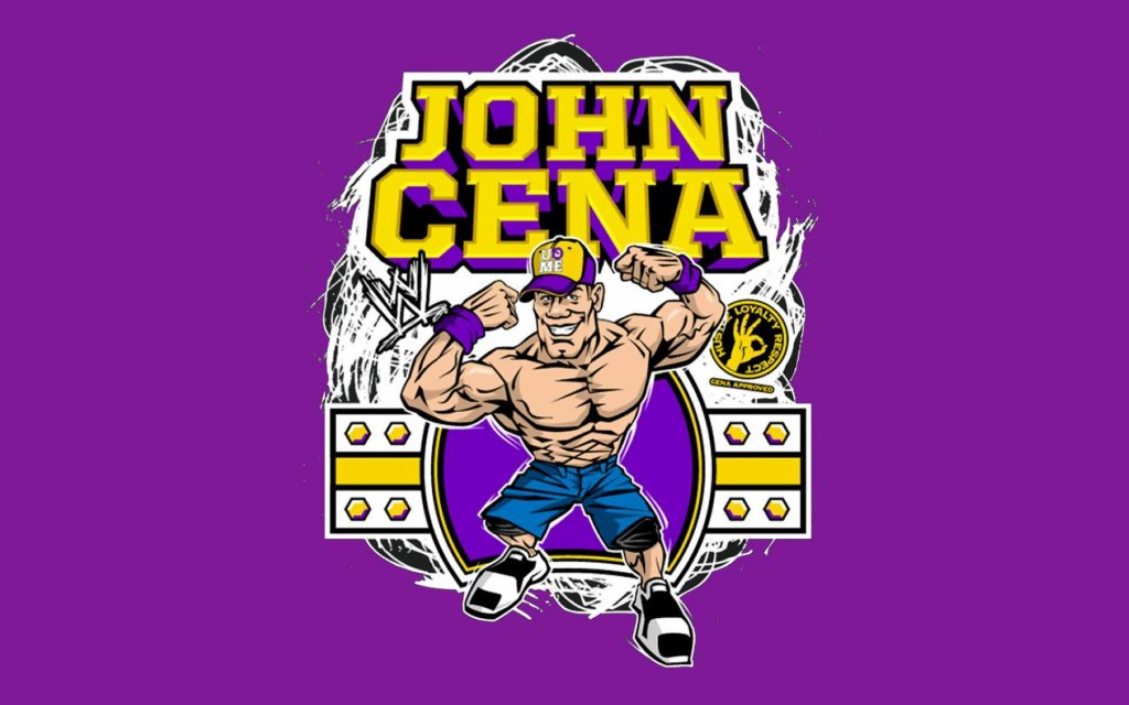 John Cena cartoon illustration in purple and yellow, flexing muscles with WWE logo and "You Can't See Me" cap.