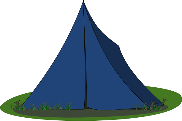 Blue conical camping tent on green grass with small plants and twigs around its base.