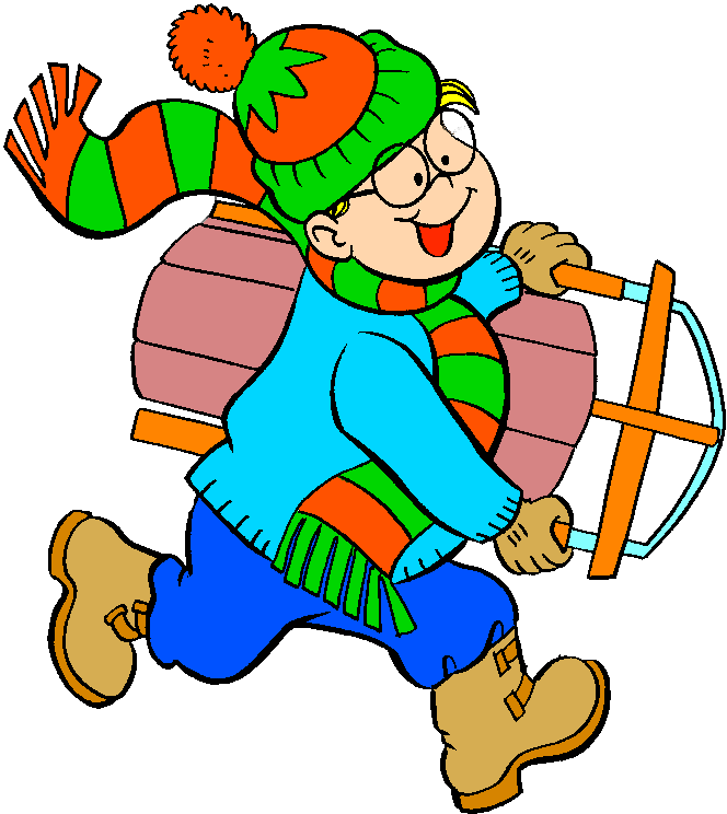 Happy child in winter gear running with a wooden sled and colorful scarf.