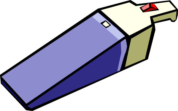 Cartoon-style handheld vacuum cleaner with purple body, beige handle, and red power button.