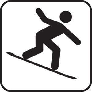 Black silhouette of a person snowboarding on a white background, stylized as a universal symbol.
