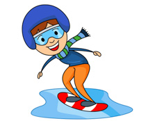 Happy cartoon child snowboarding in blue helmet, goggles, and scarf on a snowy slope.