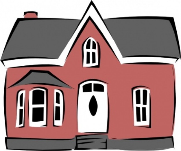 Red two-story house with gray roof, white trim, arched windows, and front door illustration.