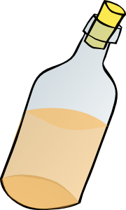 Illustrated glass bottle with amber liquid and yellow cork stopper, tilted diagonally.