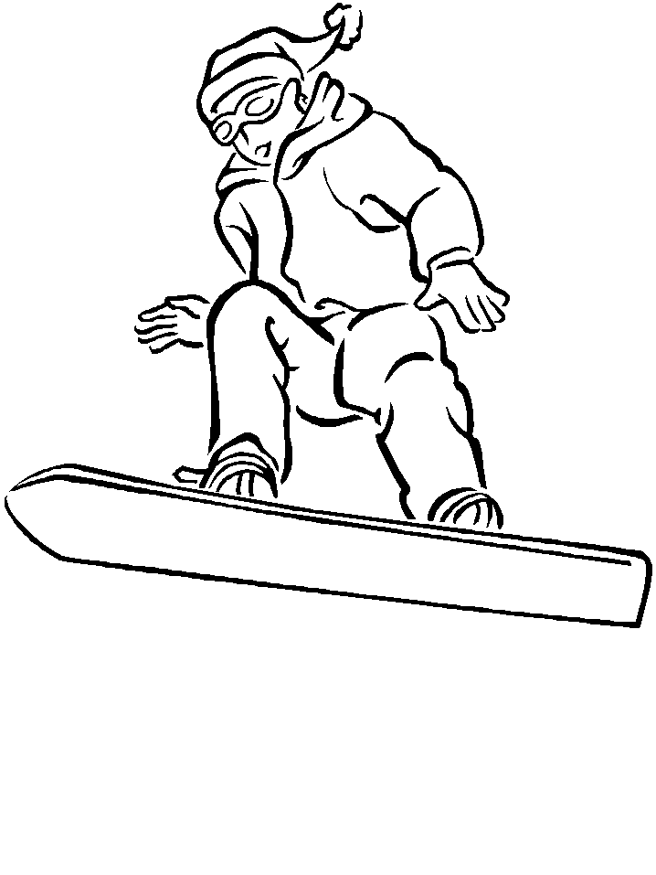 Black-and-white line drawing of a snowboarder in mid-air wearing goggles, beanie, and winter gear.