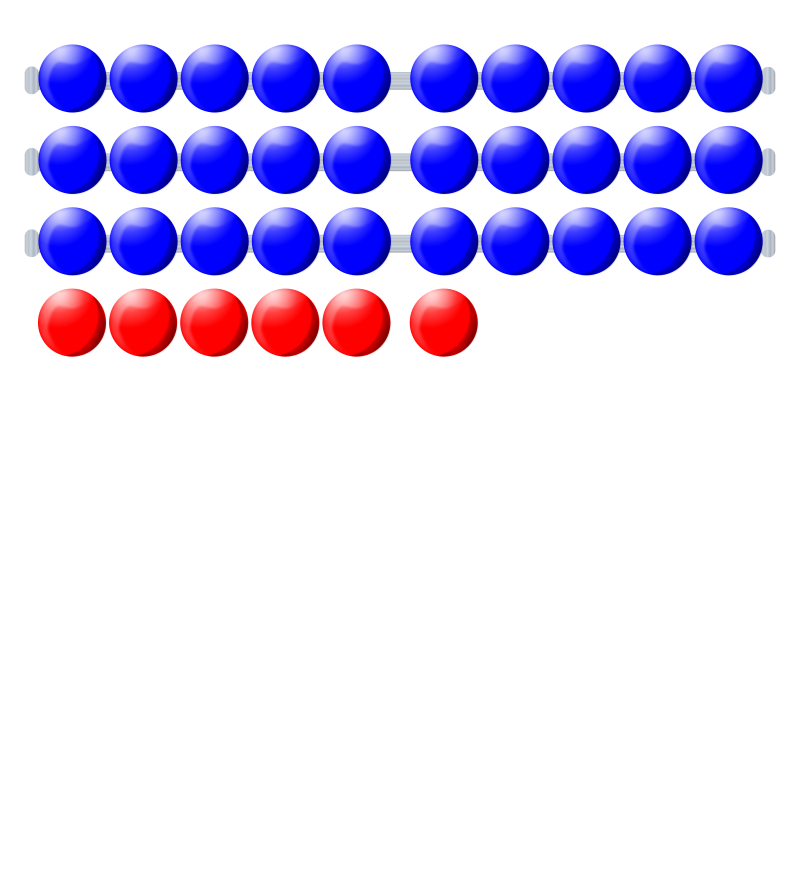Blue and red spherical beads on an abacus representing a math calculation or counting exercise.