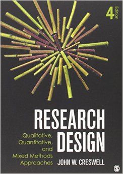 Book cover of "Research Design: Qualitative, Quantitative, and Mixed Methods Approaches" by John W. Creswell, 4th edition, featuring radiating colored sticks.