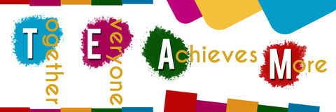 Colorful graphic spelling "TEAM" with each letter in a vibrant paint-splatter circle and the phrase "Together Everyone Achieves More" vertically aligned.